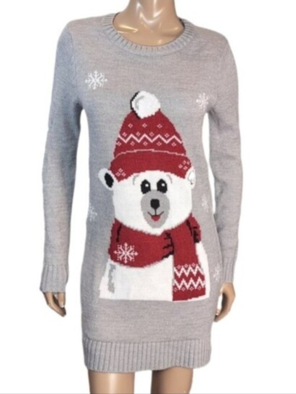 Guilty Polar Bear Holiday Sweater Dress Gray Size Medium Ugly Christmas